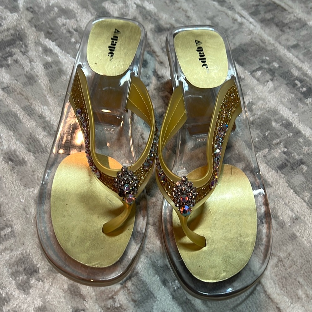 Y2K clear acrylic and gold rubber heel sandals with rainbow colored rhinestones